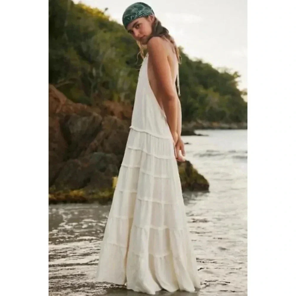NWT Free People Somewhere Sunny Halter Maxi Dress White Swan Medium